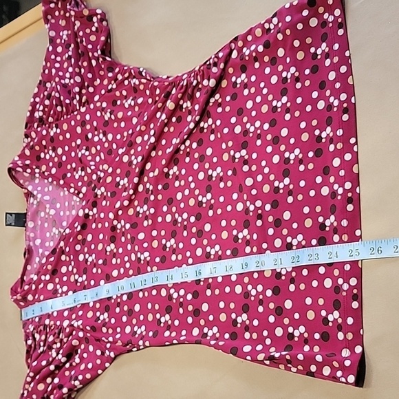 Nine West Size M Magenta Faux Wrap Blouse with Brown, Tan & White Polkadots, EUC - Picture 9 of 12